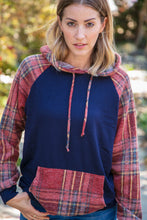 Load image into Gallery viewer, Navy Cashmere Feel Plaid Raglan Hoodie