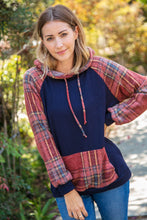 Load image into Gallery viewer, Navy Cashmere Feel Plaid Raglan Hoodie