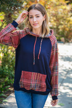 Load image into Gallery viewer, Navy Cashmere Feel Plaid Raglan Hoodie