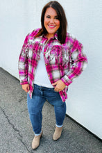 Load image into Gallery viewer, Magenta Plaid Fringe Button Down Shacket