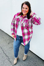 Load image into Gallery viewer, Magenta Plaid Fringe Button Down Shacket