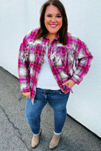 Load image into Gallery viewer, Magenta Plaid Fringe Button Down Shacket
