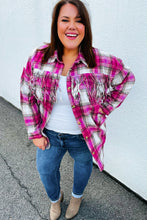 Load image into Gallery viewer, Magenta Plaid Fringe Button Down Shacket
