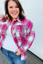 Load image into Gallery viewer, Magenta Plaid Fringe Button Down Shacket