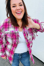 Load image into Gallery viewer, Magenta Plaid Fringe Button Down Shacket