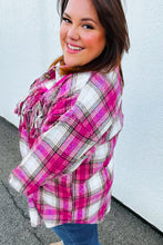 Load image into Gallery viewer, Magenta Plaid Fringe Button Down Shacket