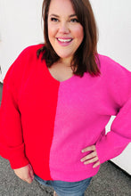 Load image into Gallery viewer, Red Fuchsia Half &amp; Half V Neck Sweater