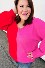 Load image into Gallery viewer, Red Fuchsia Half &amp; Half V Neck Sweater