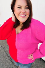 Load image into Gallery viewer, Red Fuchsia Half &amp; Half V Neck Sweater