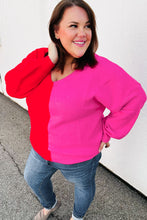 Load image into Gallery viewer, Red Fuchsia Half &amp; Half V Neck Sweater