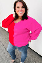 Load image into Gallery viewer, Red Fuchsia Half &amp; Half V Neck Sweater
