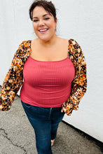 Load image into Gallery viewer, Marsala Rib Floral Bubble Sleeve Slim Fit Top