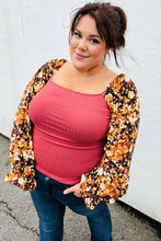 Load image into Gallery viewer, Marsala Rib Floral Bubble Sleeve Slim Fit Top