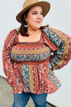 Load image into Gallery viewer, Teal &amp; Rust Smocked Floral Ruffle Hem Top