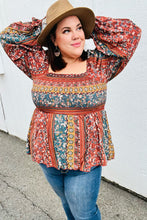 Load image into Gallery viewer, Teal &amp; Rust Smocked Floral Ruffle Hem Top