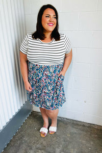Dark Teal Two-Fer Stripe & Floral Color Block Dress