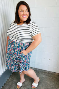 Dark Teal Two-Fer Stripe & Floral Color Block Dress