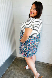 Dark Teal Two-Fer Stripe & Floral Color Block Dress