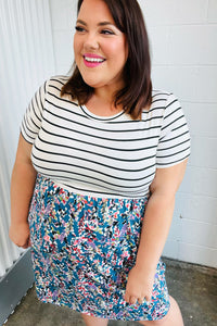 Dark Teal Two-Fer Stripe & Floral Color Block Dress