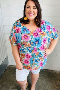 Pink & Blue Floral Print Woven Top