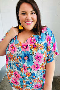 Pink & Blue Floral Print Woven Top
