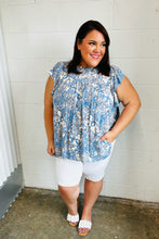 Load image into Gallery viewer, Blue &amp; Ivory Paisley Mock Neck Flutter Sleeve Top