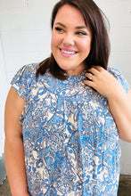 Load image into Gallery viewer, Blue &amp; Ivory Paisley Mock Neck Flutter Sleeve Top