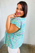 Load image into Gallery viewer, Turquoise Floral Stripe Babydoll Top