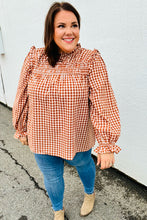 Load image into Gallery viewer, Adorable in Gingham Rust Shirred Mock Neck Top