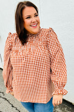 Load image into Gallery viewer, Adorable in Gingham Rust Shirred Mock Neck Top