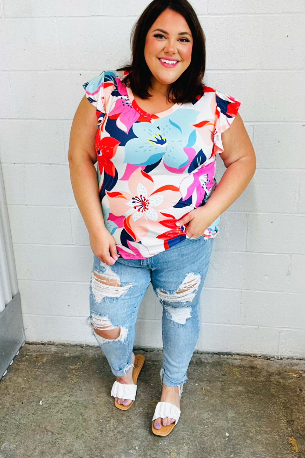 Multicolor Tropical Floral Print Flutter Sleeve Top