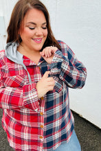Load image into Gallery viewer, Face the Day Red/Navy Plaid Color Block Hoodie Shacket