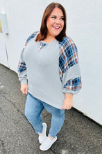 Load image into Gallery viewer, Face The Day Grey/Navy Plaid Thermal Raglan Pullover