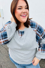 Load image into Gallery viewer, Face The Day Grey/Navy Plaid Thermal Raglan Pullover