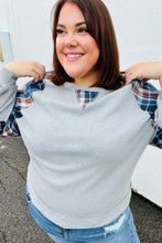 Load image into Gallery viewer, Face The Day Grey/Navy Plaid Thermal Raglan Pullover