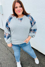 Load image into Gallery viewer, Face The Day Grey/Navy Plaid Thermal Raglan Pullover