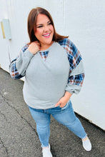 Load image into Gallery viewer, Face The Day Grey/Navy Plaid Thermal Raglan Pullover