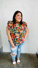 Load image into Gallery viewer, Vibrant Multicolor Floral Mock Neck Flutter Sleeve Top