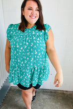 Load image into Gallery viewer, Teal Floral Yoke Flutter Sleeve Keyhole Back Top