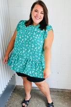 Load image into Gallery viewer, Teal Floral Yoke Flutter Sleeve Keyhole Back Top