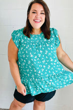 Load image into Gallery viewer, Teal Floral Yoke Flutter Sleeve Keyhole Back Top