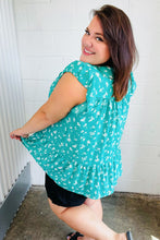 Load image into Gallery viewer, Teal Floral Yoke Flutter Sleeve Keyhole Back Top