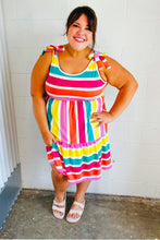 Load image into Gallery viewer, Multicolor Stripe Shoulder Tie Knot Ruffle Hem Dress