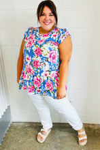 Load image into Gallery viewer, Cornflower Blue Floral Yoke Flutter Sleeve Keyhole Back Top