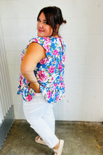 Load image into Gallery viewer, Cornflower Blue Floral Yoke Flutter Sleeve Keyhole Back Top