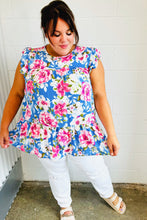 Load image into Gallery viewer, Cornflower Blue Floral Yoke Flutter Sleeve Keyhole Back Top