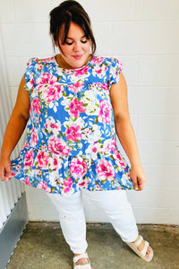 Cornflower Blue Floral Yoke Flutter Sleeve Keyhole Back Top