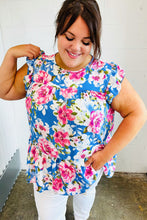 Load image into Gallery viewer, Cornflower Blue Floral Yoke Flutter Sleeve Keyhole Back Top