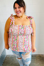 Load image into Gallery viewer, Ivory &amp; Fuchsia Floral Smocked Shoulder Tie Top