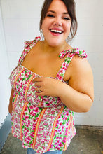 Load image into Gallery viewer, Ivory &amp; Fuchsia Floral Smocked Shoulder Tie Top